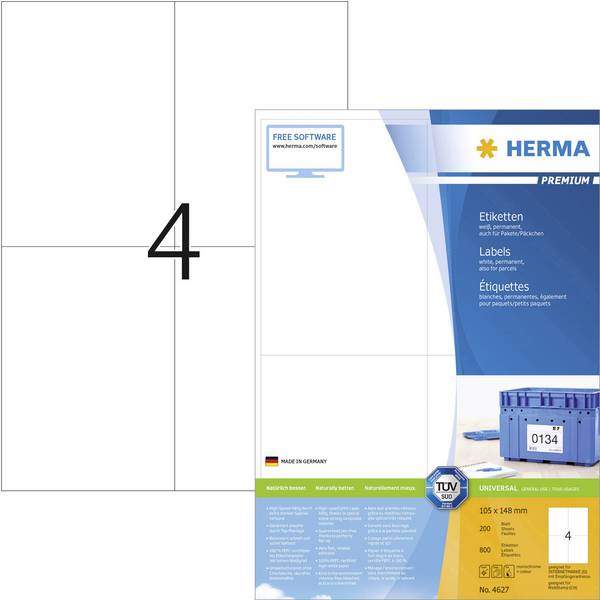 Herma 4627 Adress-Etiketten 105 x 148 mm Papier Weiß 800 St. Permanent haftend Tintenstrahldrucker, Laserdrucker, Farblaserdrucker, Kopierer, Farbkopierer, Handbeschriftung