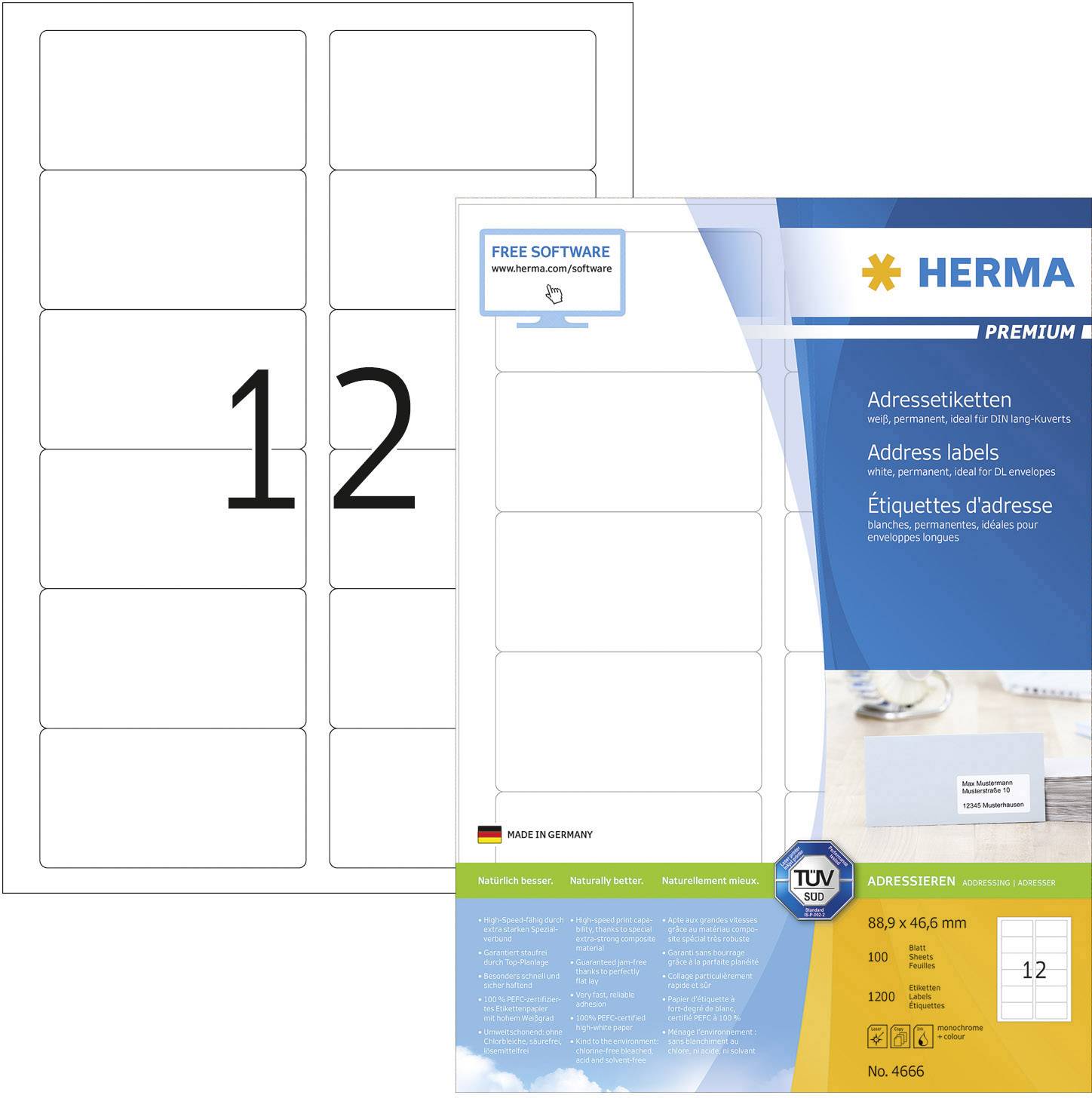 Herma 4666 etikety 88.9 x 46.6 mm papír bílá 1200 ks permanentní univerzální etikety, Adresní nálepky inkoust, laser, kopie 100 Blatt A4