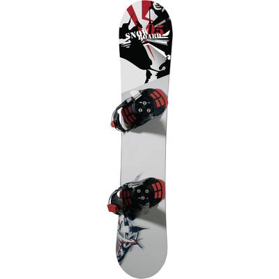 Ein Snowboard mit grafischem Design in Rot und Schwarz, ausgestattet mit Bindungen, dargestellt auf einer weißen Oberfläche.