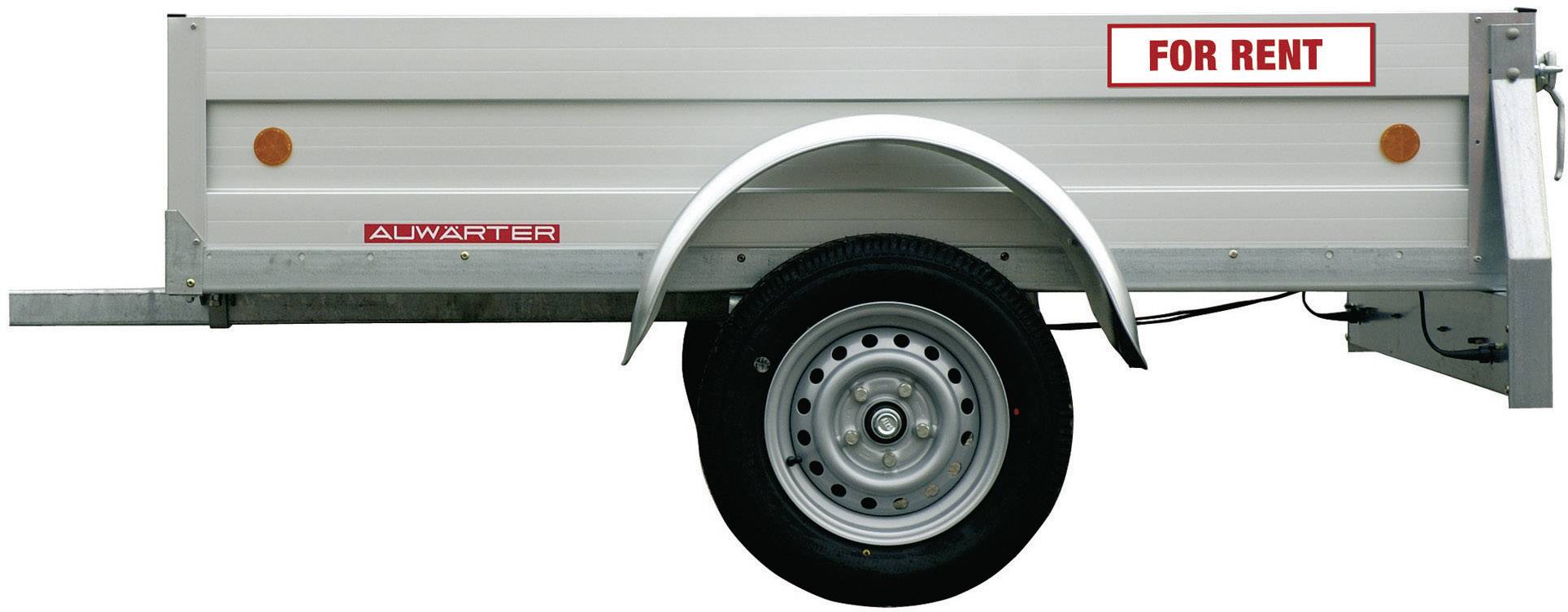 Ein silberner Anhänger mit rotem Schild 'For Rent' an der Seite, steht auf einem schwarzen Rad. Geeignet für Transportzwecke.