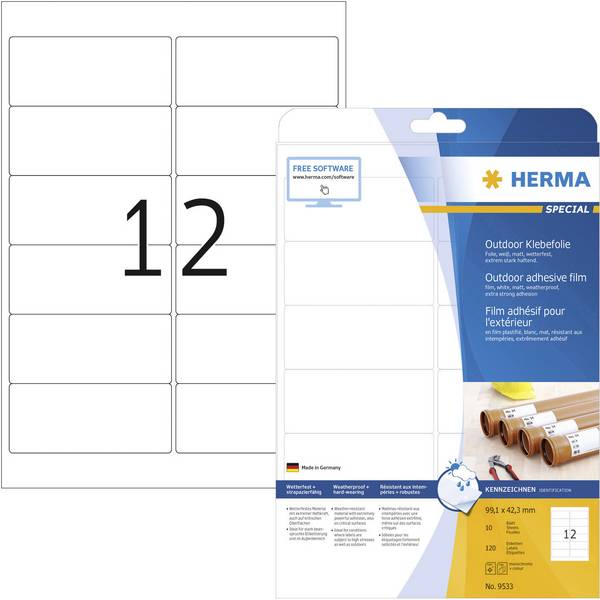 Herma 9533 Folien-Etiketten 99.1 x 42.3 mm Polyethylenfolie Weiß 120 St. Permanent haftend Farblaserdrucker, Laserdrucker, Farbkopierer, Kopierer, Handbeschriftung