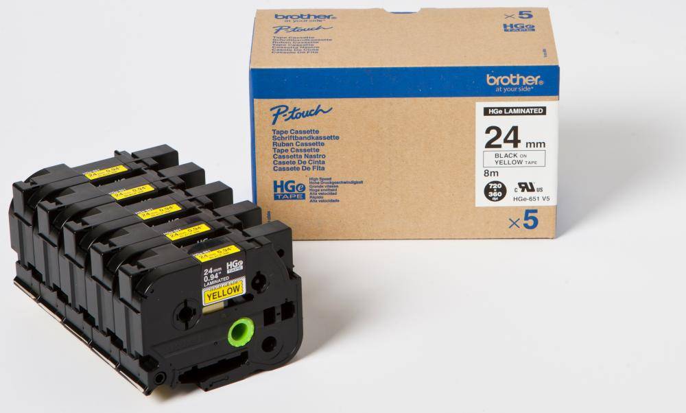 Brother HGe-651V5 Schriftband 5er Set Bandfarbe: Gelb Schriftfarbe: Schwarz 24 mm 8 m-2