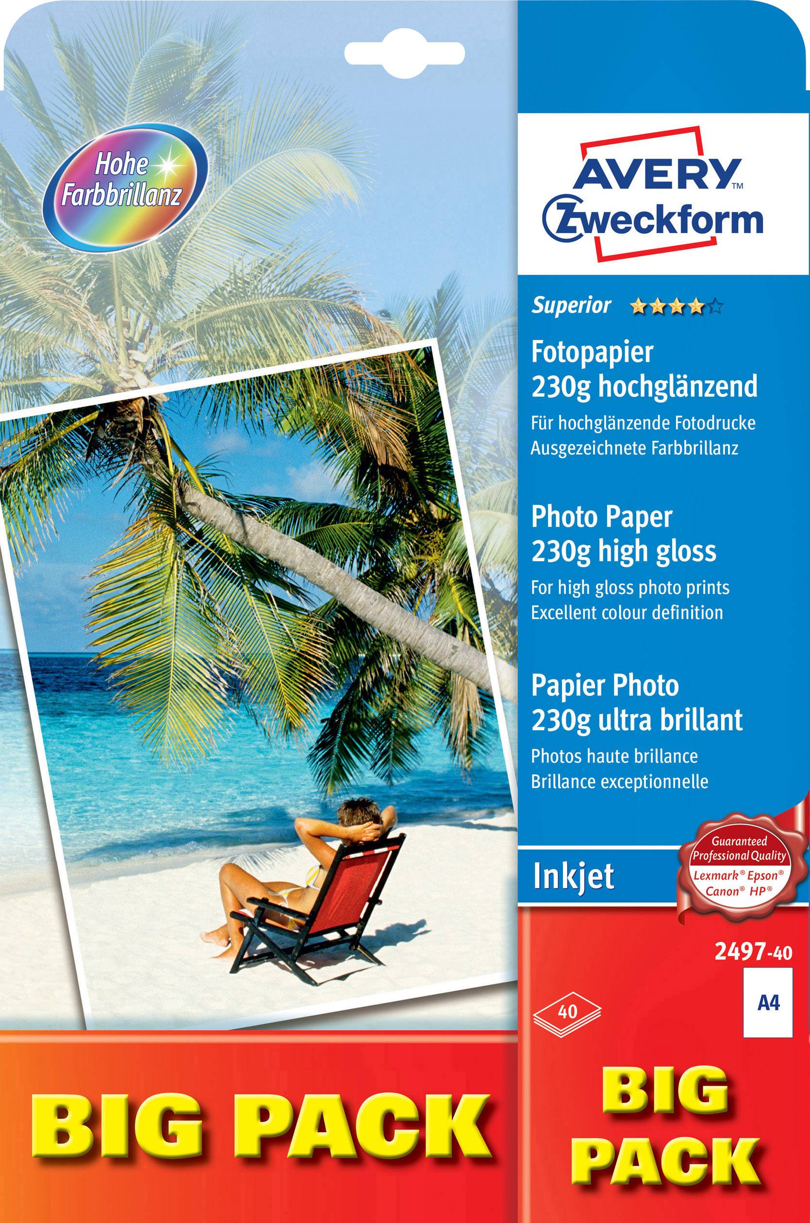ZWECKFORM Fotopapier Avery-Zweckform Superior Photo Paper Inkjet 2497-40 DIN A4 230 g/m² 40 Blatt Ho