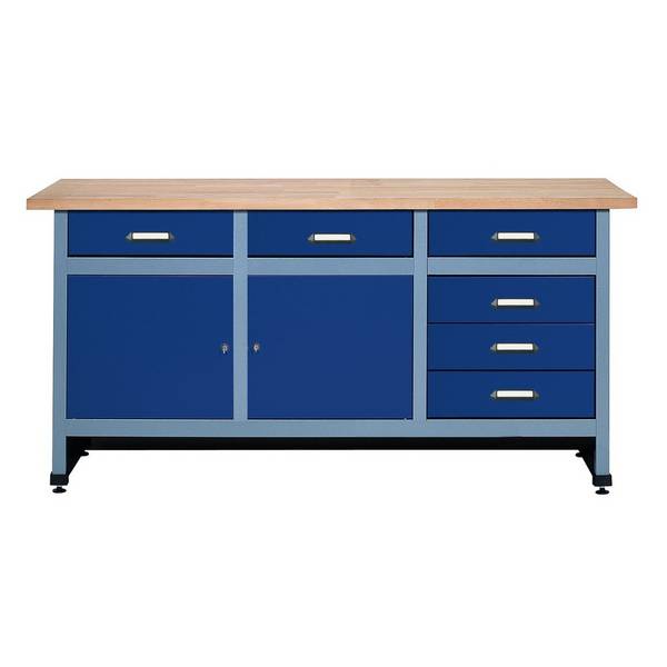 Werkbank mit Schubladenblock +  2 Türen, BxT 1.700 x 600 mm, blau