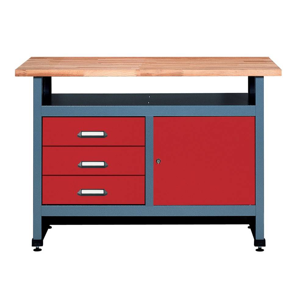 Werkbank mit 3 Schubladen + Tür + Ablagefach, BxT 1.200 x 600 mm, rot-0
