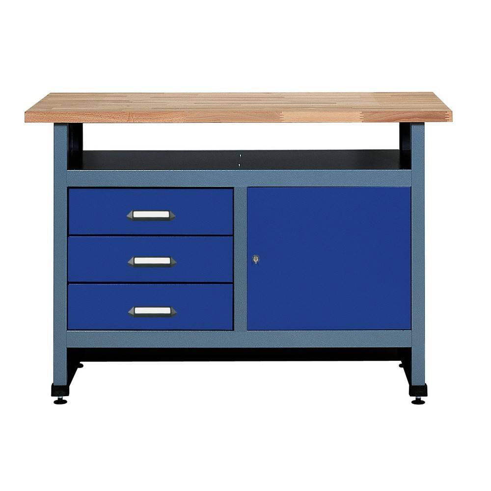 Werkbank mit 3 Schubladen + Tür + Ablagefach, BxT 1.200 x 600 mm, blau-0