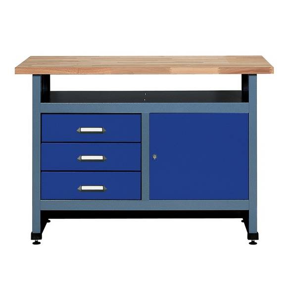 Werkbank mit 3 Schubladen + Tür + Ablagefach, BxT 1.200 x 600 mm, blau