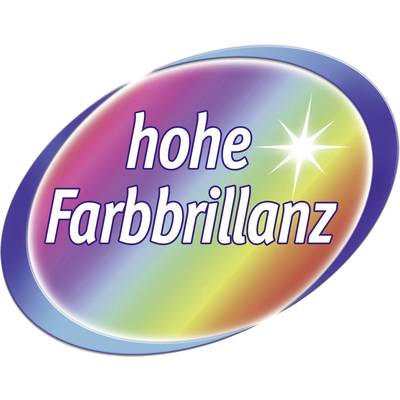 Abzeichen mit Regenbogen-Hintergrund und dem Text 'hohe Farbbrillanz', akzentuiert durch einen strahlenden Stern.