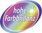 Abzeichen mit Regenbogen-Hintergrund und dem Text 'hohe Farbbrillanz', akzentuiert durch einen strahlenden Stern.