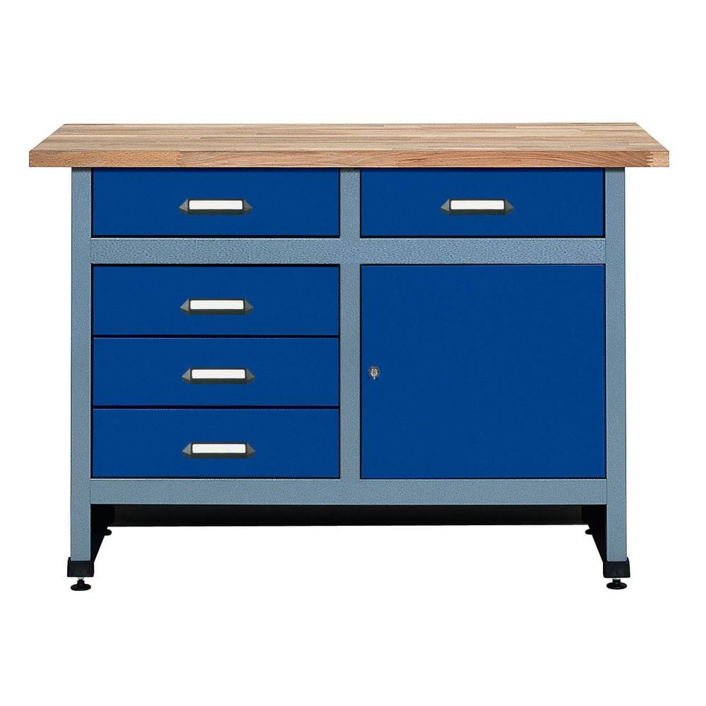 Werkbank mit Schubladenblock + Tür, BxT 1.200 x 600 mm, blau-0