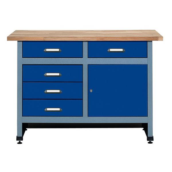 Werkbank mit Schubladenblock + Tür, BxT 1.200 x 600 mm, blau