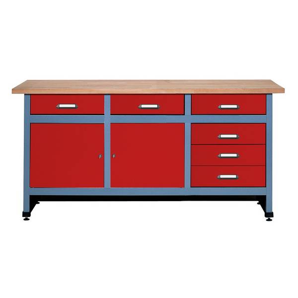 Werkbank mit Schubladenblock +  2 Türen, BxT 1.700 x 600 mm, rot