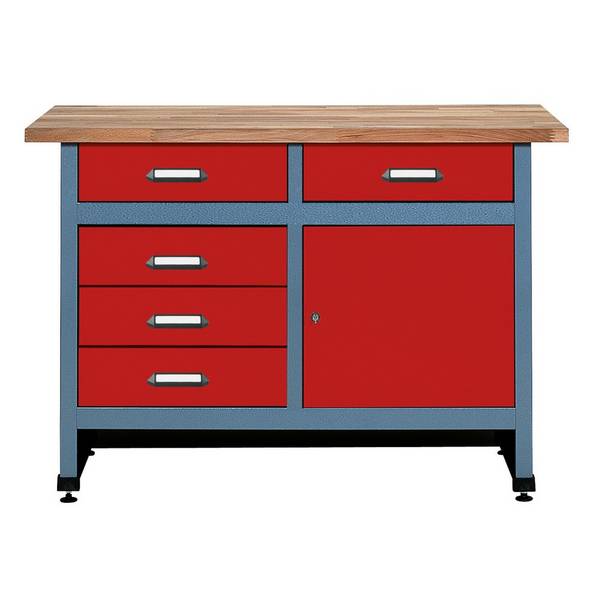 Werkbank mit Schubladenblock + Tür, BxT 1.200 x 600 mm, rot