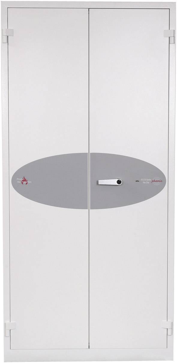 Ein weißer, zweitüriger Metallschrank mit einem ovalen grauen Bereich und einem Griff in der Mitte.