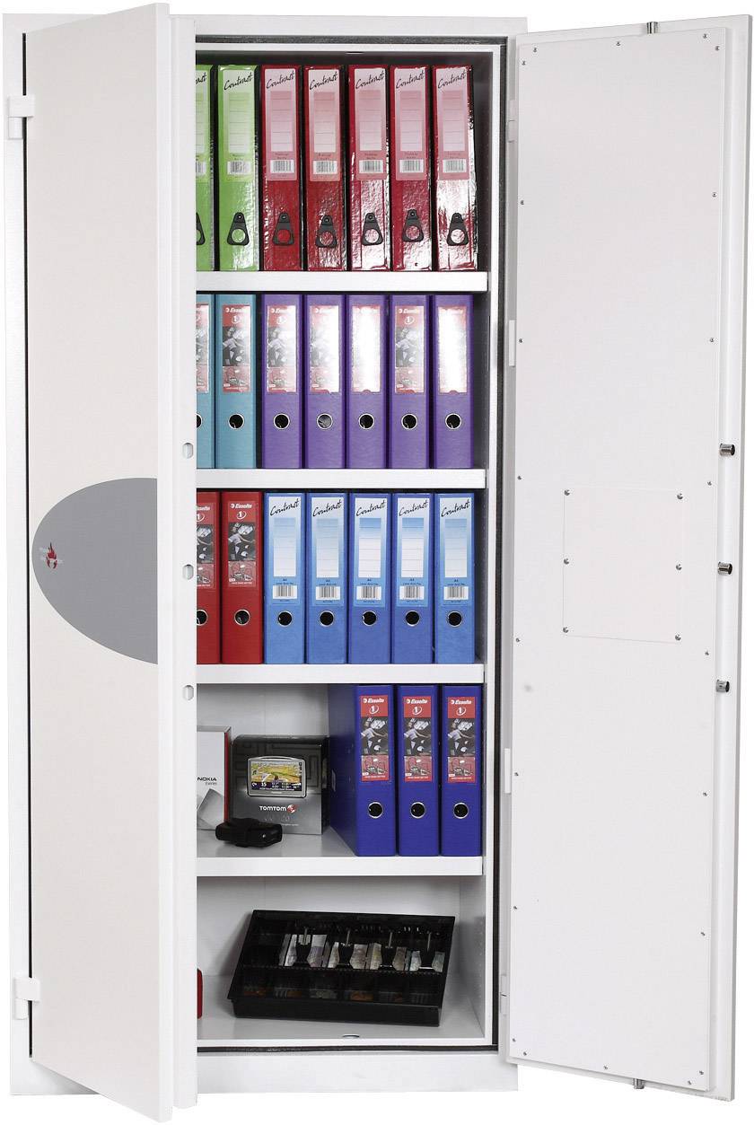 Ein geöffneter Aktenschrank, der mit farbigen Ordnern auf mehreren Regalböden gefüllt ist, zeigt eine organisierte Ablage.