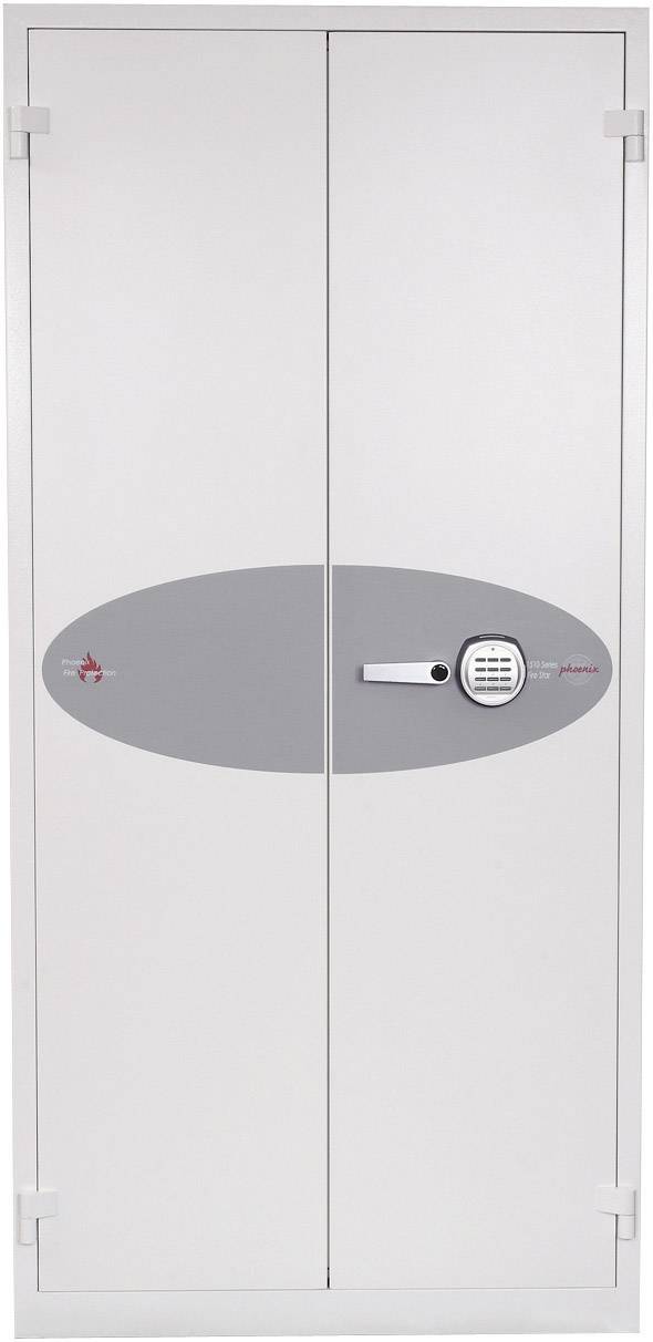 Geschlossener, weißer Tresor mit elektronischem Zahlenschloss in der Mitte.