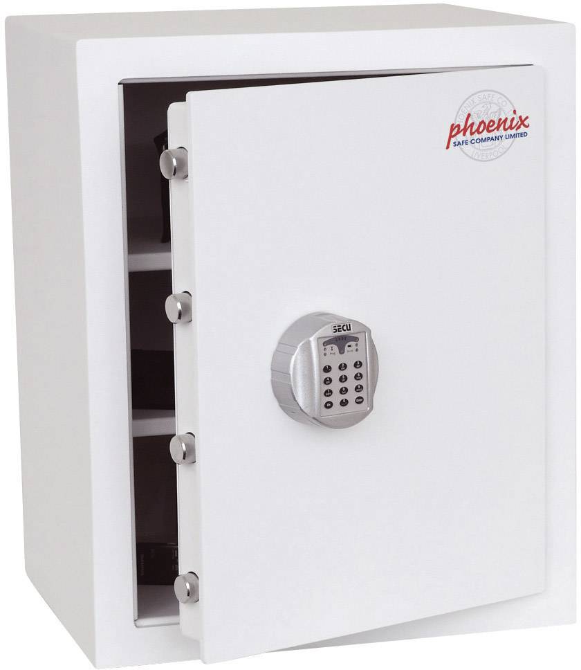 Weißer Tresor mit digitalem Zahlenschloss, leicht geöffnet. Entworfen für Sicherheitszwecke, bietet er Schutz für wertvolle Gegenstände.