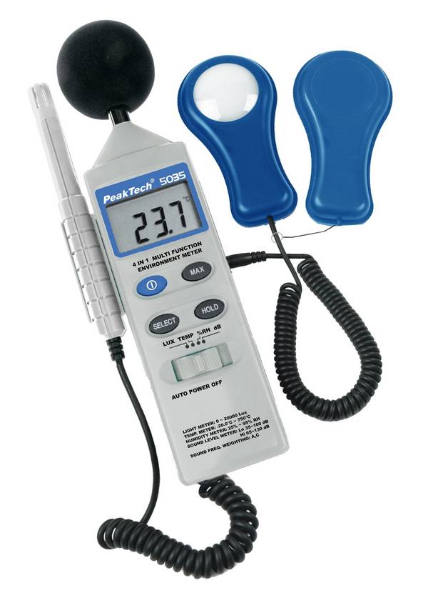 PeakTech P 5035 – Multifunktions-Umweltmessgerät ~ mit Temperatur, Luftfeuchte, Lux, Schallpegel
