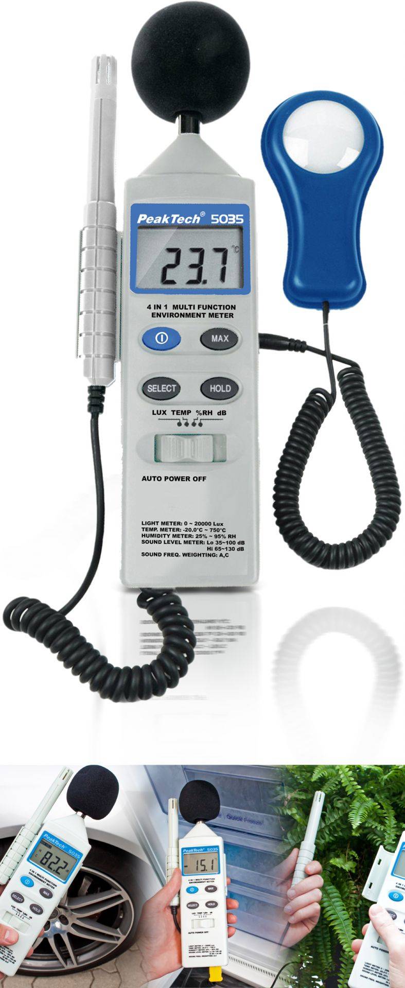 PeakTech P 5035 – Multifunktions-Umweltmessgerät ~ mit Temperatur, Luftfeuchte, Lux, Schallpegel-1