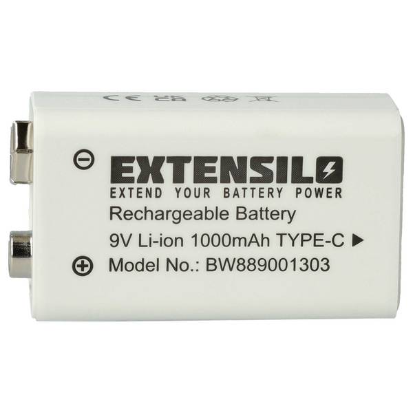 EXTENSILO 9V-Akku Block Ersatz für Daitem BATV13 (1 Ah, 9 V, Li-Ion) | ready-to-use, mit USB-C Buchse