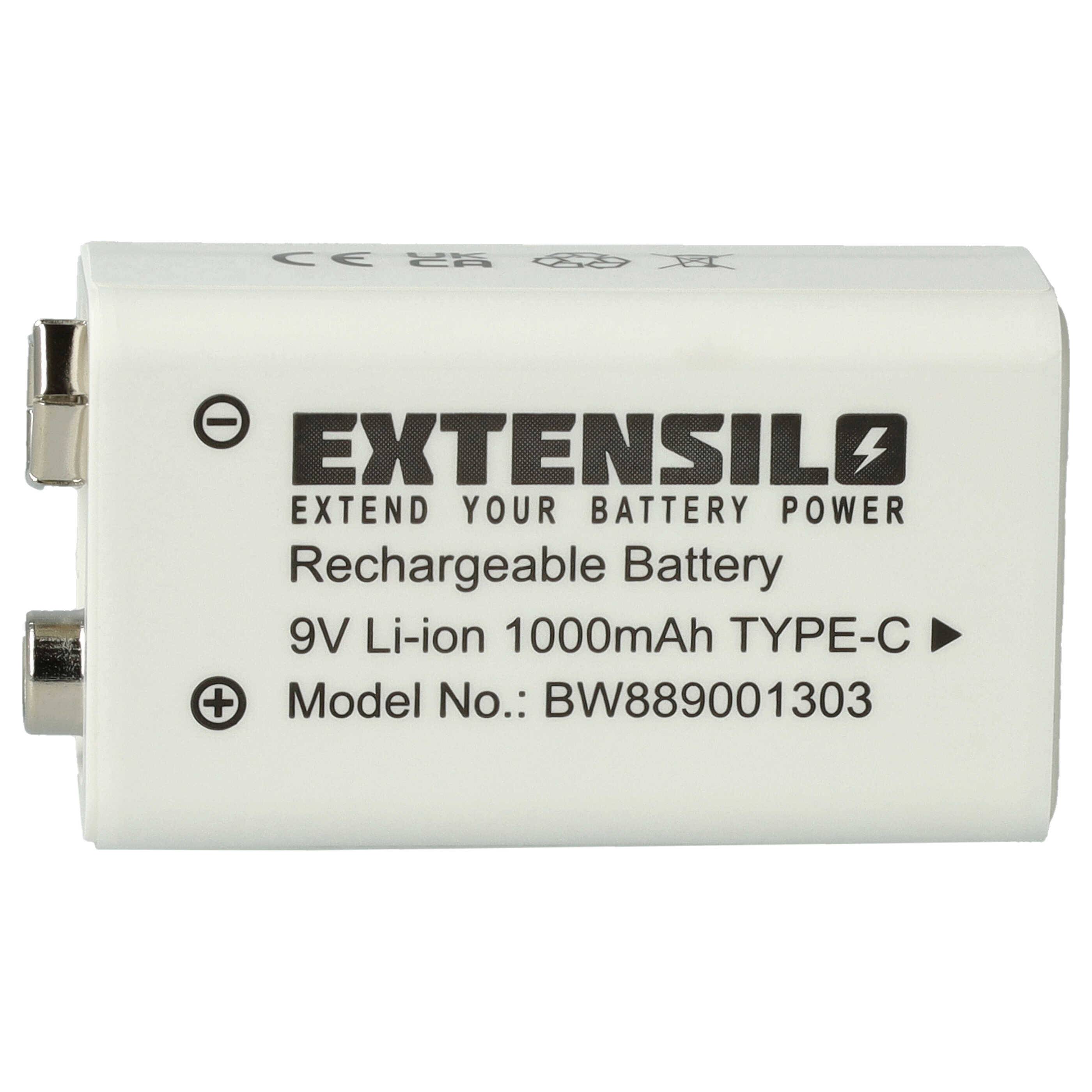 EXTENSILO 9V-Akku Block für diverse Geräte (1 Ah, 9 V, Li-Ion) | ready-to-use, mit USB-C Buchse-0