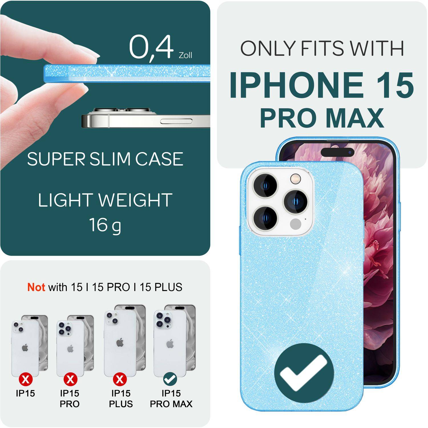 Glitzer Hülle für iPhone 15 Pro Max Hybrid Bling Case Silikon Handyhülle Tasche Blau-3