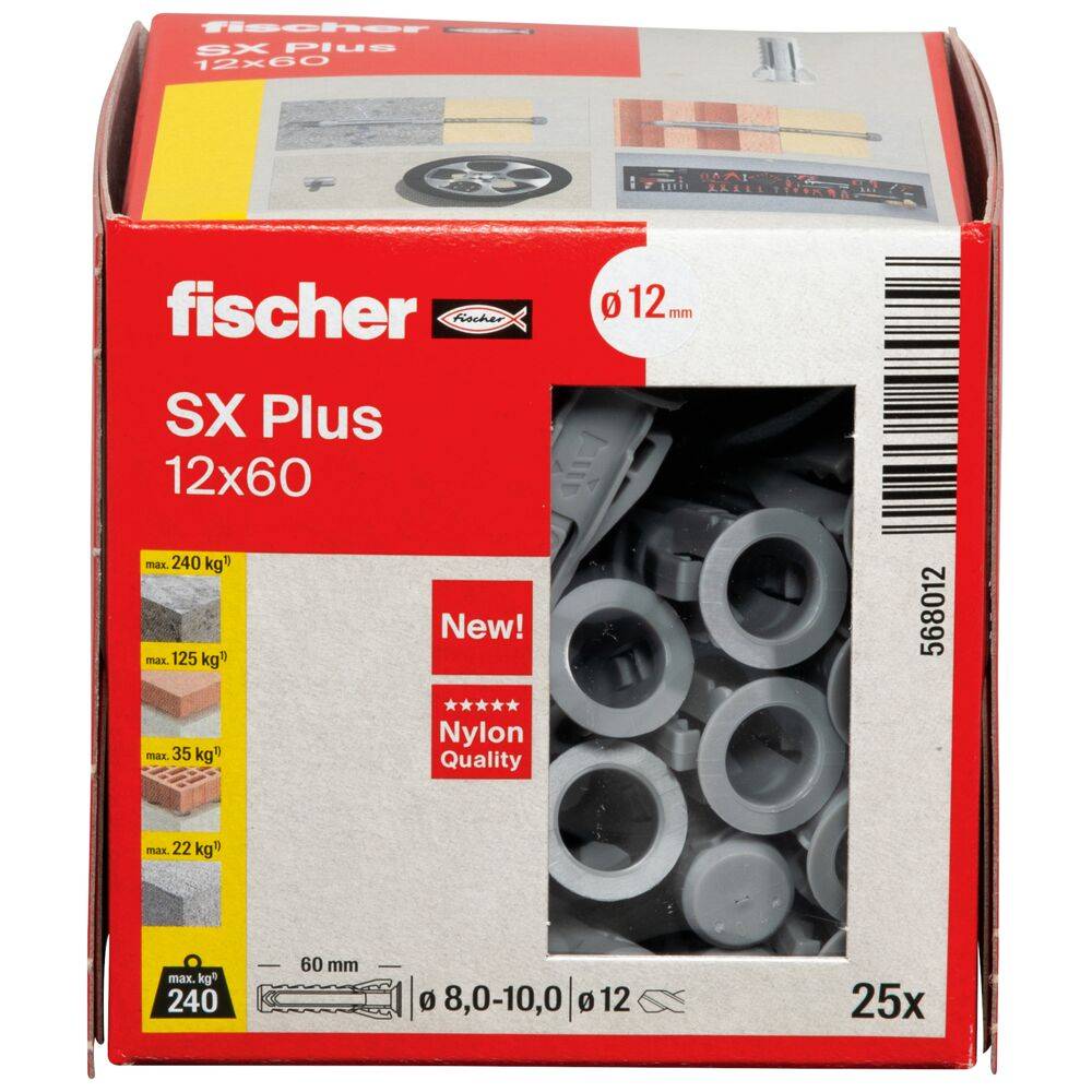 Fischer Dübel SX Plus 12x60 568012 (Inhalt 25 Stück) Install.Baumaterial Befestigungsmaterial-2