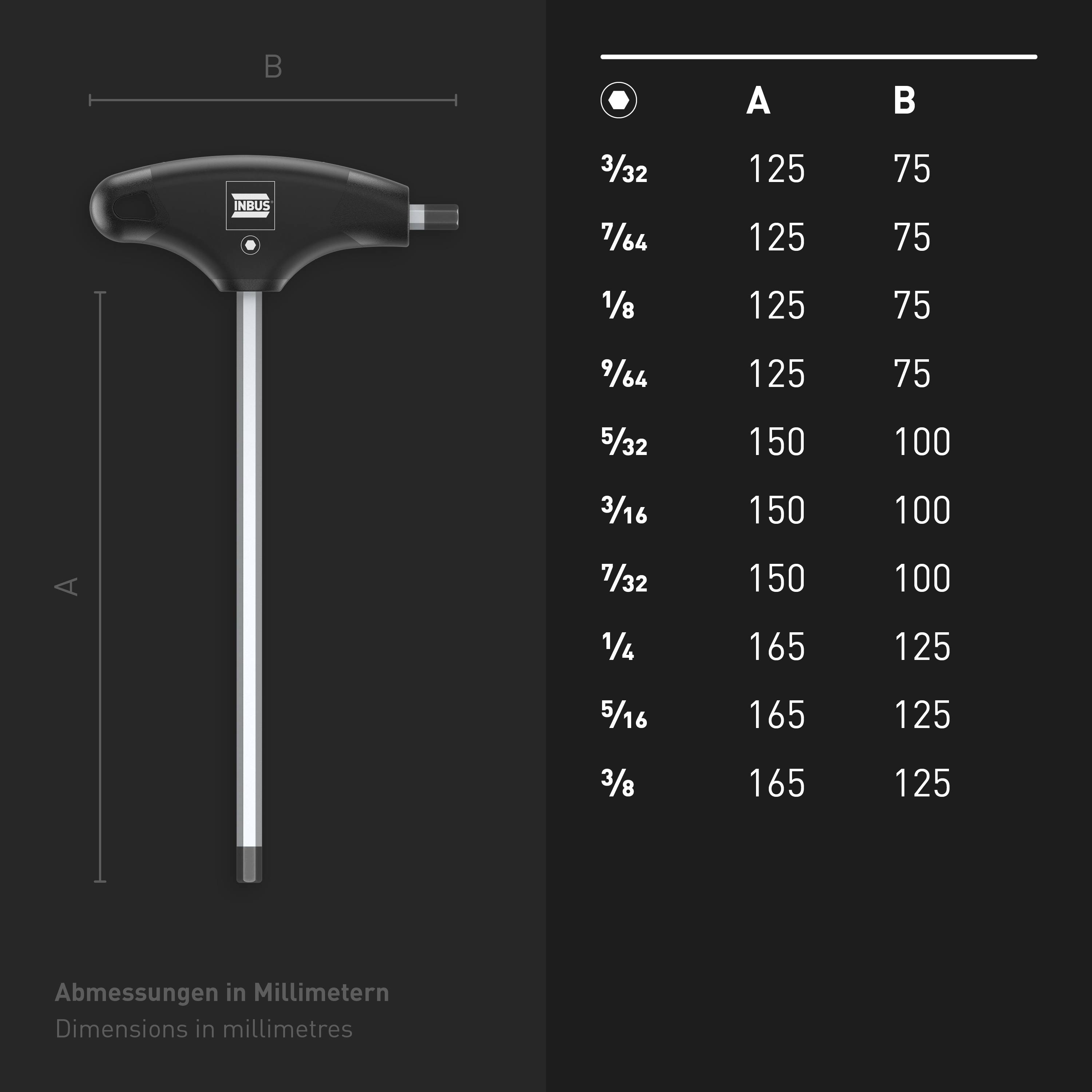 INBUS® 73809 T-Griff Innen-Sechskant Winkelschraubendreher-Set (Zoll) 10tlg, 3/32–3/8", mit HybridTouch-4