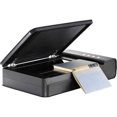 Ein geöffneter Scanner mit einem aufliegenden Buch und Notizbuch, bereit zur Digitalisierung von Dokumenten.