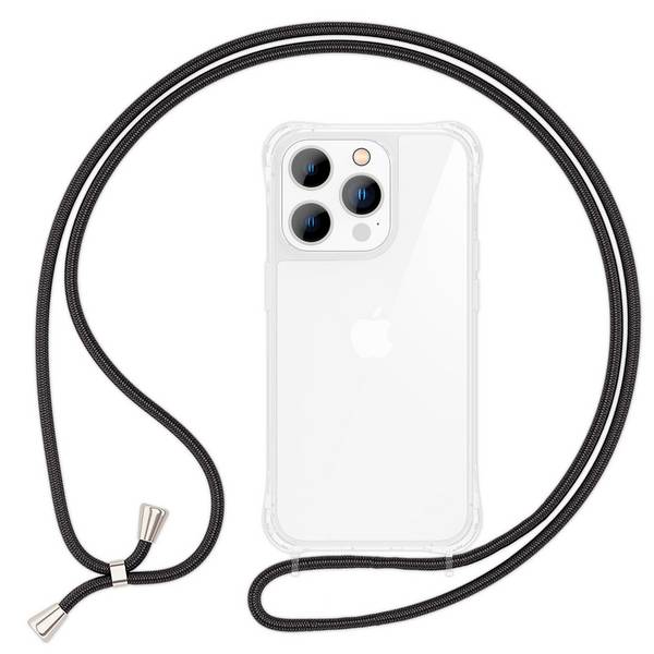 Hülle mit Band für iPhone 15 Pro Handyhülle Umhänge Case Handy Kette Kordel Seil Schwarz