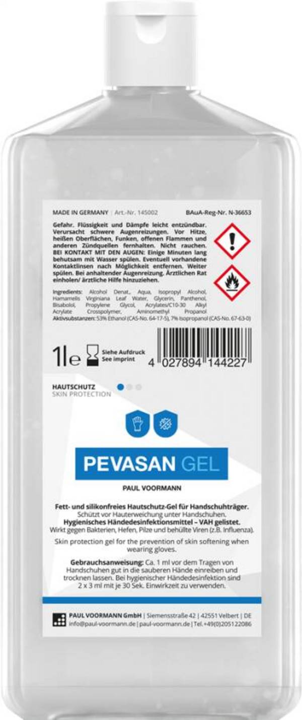 Hautschutzgel PEVASAN GEL 145002 Inhalt 1 l Ausführung unparfümiert Gebinde Hartflasche geeignet für Spender 1l-Hartflas