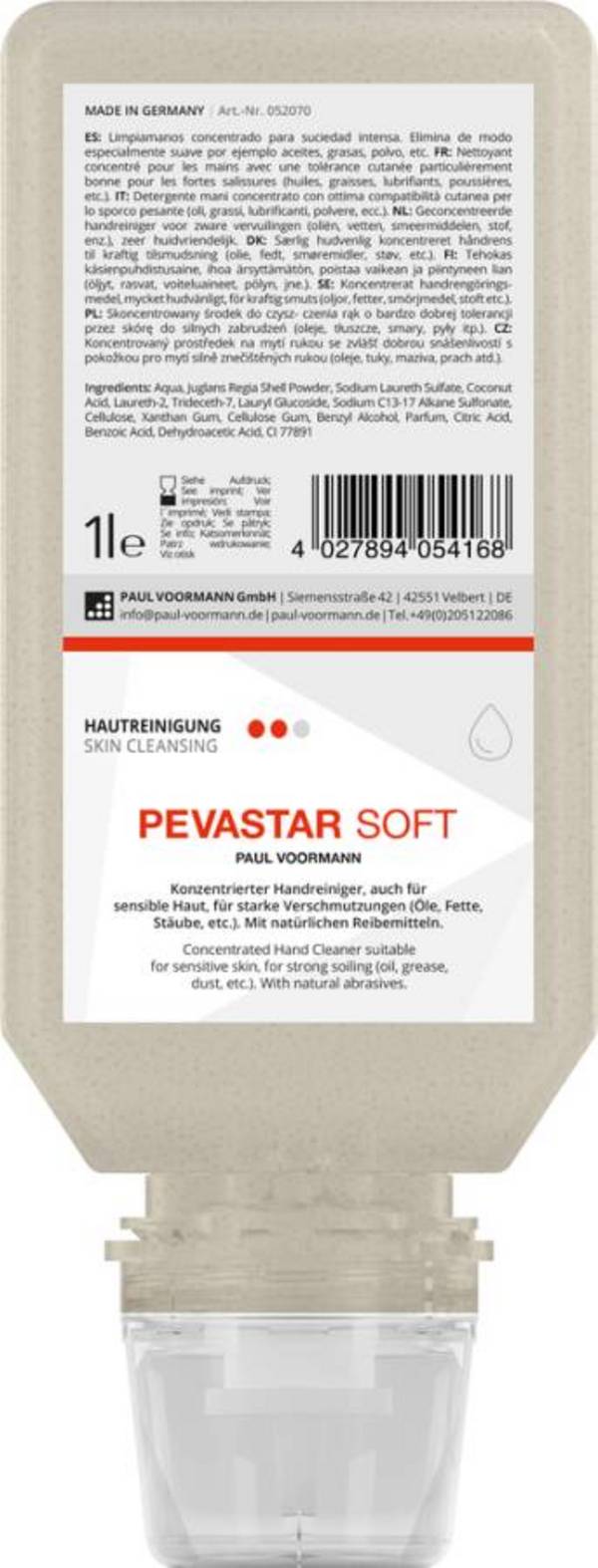 Handwaschpaste PEVASTAR SOFT 052070 Inhalt 1 l Ausführung parfümiert Gebinde Softflasche geeignet für Spender VOORMATEC