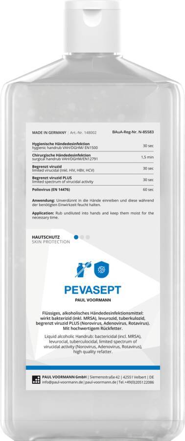 Handdesinfektion PEVASEPT 148002 Inhalt 1 l Ausführung unparfümiert Gebinde Hartflasche geeignet für Spender PEVAMAT CAR-0