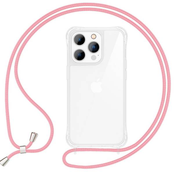 Hülle mit Band für iPhone 15 Pro Max Handyhülle Umhängen Handy Kette Case Kordel Rosa