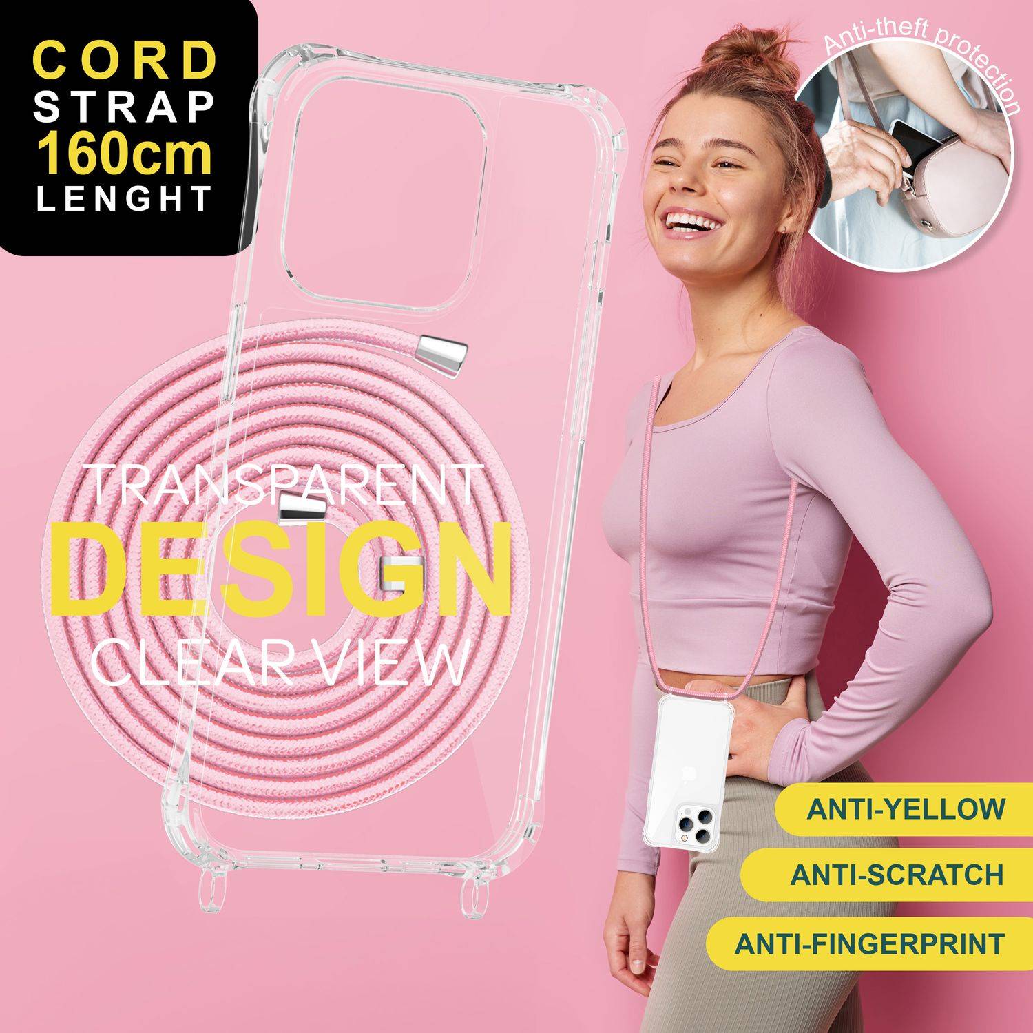 Hülle mit Band für iPhone 15 Pro Max Handyhülle Umhängen Handy Kette Case Kordel Rosa-2