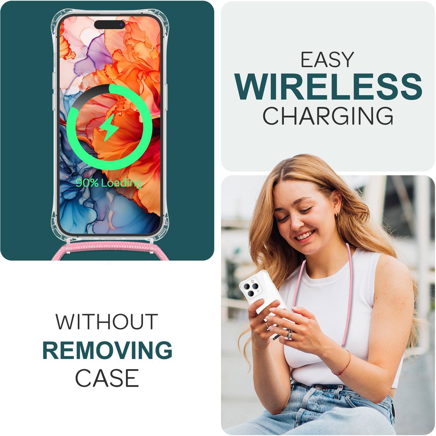 Hülle mit Band für iPhone 15 Pro Max Handyhülle Umhängen Handy Kette Case Kordel Rosa-4
