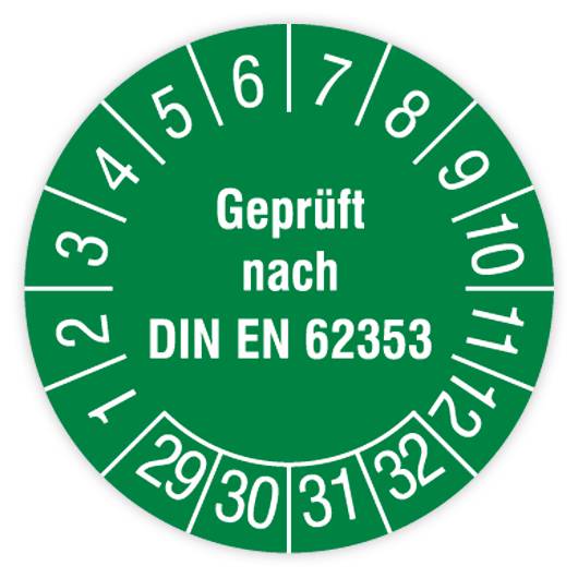Prüfplakette, Geprüft nach DIN EN 62353, 2029, Dokumentenf. mit Oberflächenschutz, Ø 30 mm, Heft-0