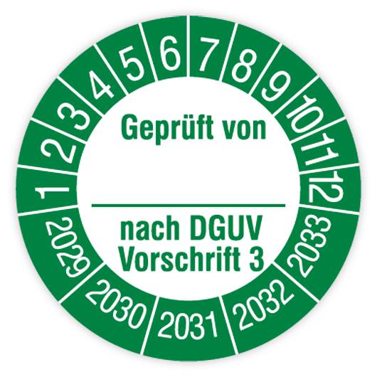 Prüfplakette, Geprüft von… nach DGUV Vorschrift 3, 2029 - 2033, Standardfolie, Ø 30 mm, Heft-0