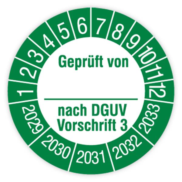 Prüfplakette, Geprüft von… nach DGUV Vorschrift 3, 2029 - 2033, Standardfolie, Ø 30 mm, Heft