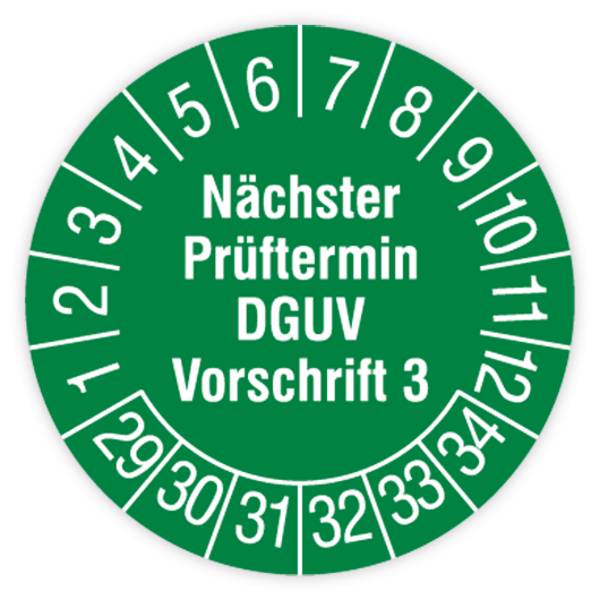 Prüfplakette, Nächster Prüftermin- DGUV Vorschrift 3, 2029 - 2034, Dokumentenfolie, Ø 30 mm, Heft