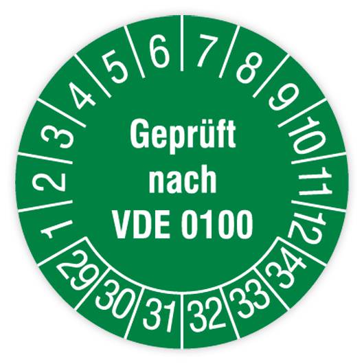 Prüfplakette, Geprüft nach VDE 0100, 2029 - 2034, Dokumentenfolie, Ø 30 mm, Heft-0