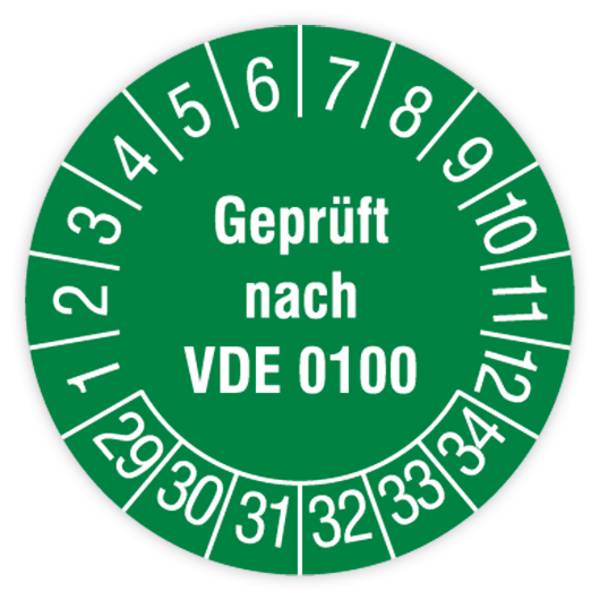 Prüfplakette, Geprüft nach VDE 0100, 2029 - 2034, Dokumentenfolie, Ø 30 mm, Heft