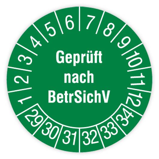 Prüfplakette, Geprüft nach BetrSichV, 2029 - 2034, Dokumentenfolie, Ø 30 mm, Heft-0
