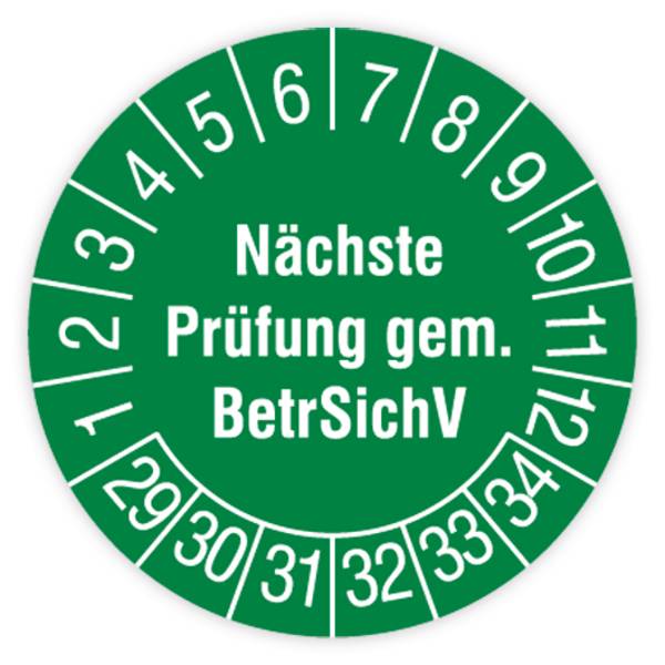 Prüfplakette, Nächste Prüfung gem. BetrSichV, 2029 - 2034, Standardfolie, Ø 30 mm, Heft