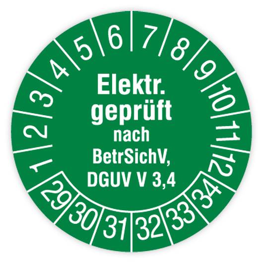 Prüfplakette, Elektr. geprüft nach BetrSichV, DGUV V 3,4, 2029 - 2034, Standardfolie, Ø 15 mm, Heft-0