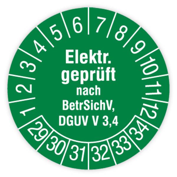 Prüfplakette, Elektr. geprüft nach BetrSichV, DGUV V 3,4, 2029 - 2034, Standardfolie, Ø 15 mm, Heft
