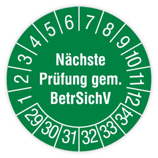 Prüfplakette, Nächste Prüfung gem. BetrSichV, 2029 - 2034, Dokumentenfolie, Ø 15 mm, Heft-0