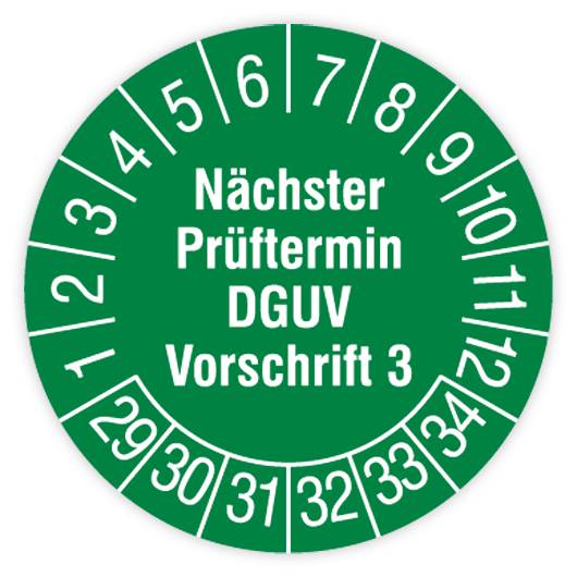 Prüfplakette, Nächster Prüftermin- DGUV Vorschrift 3, 2029 - 2034, Standardfolie, Ø 15 mm, Heft-0