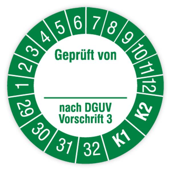 Prüfplakette, Geprüft von… nach DGUV Vorschrift 3, K1/K2, 2029 - 2032, Dokumentenfolie, Ø 15 mm, Heft
