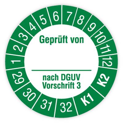 Prüfplakette, Geprüft von… nach DGUV Vorschrift 3, K1/K2, 2029 - 2032, Standardfolie, Ø 30 mm, Heft-0